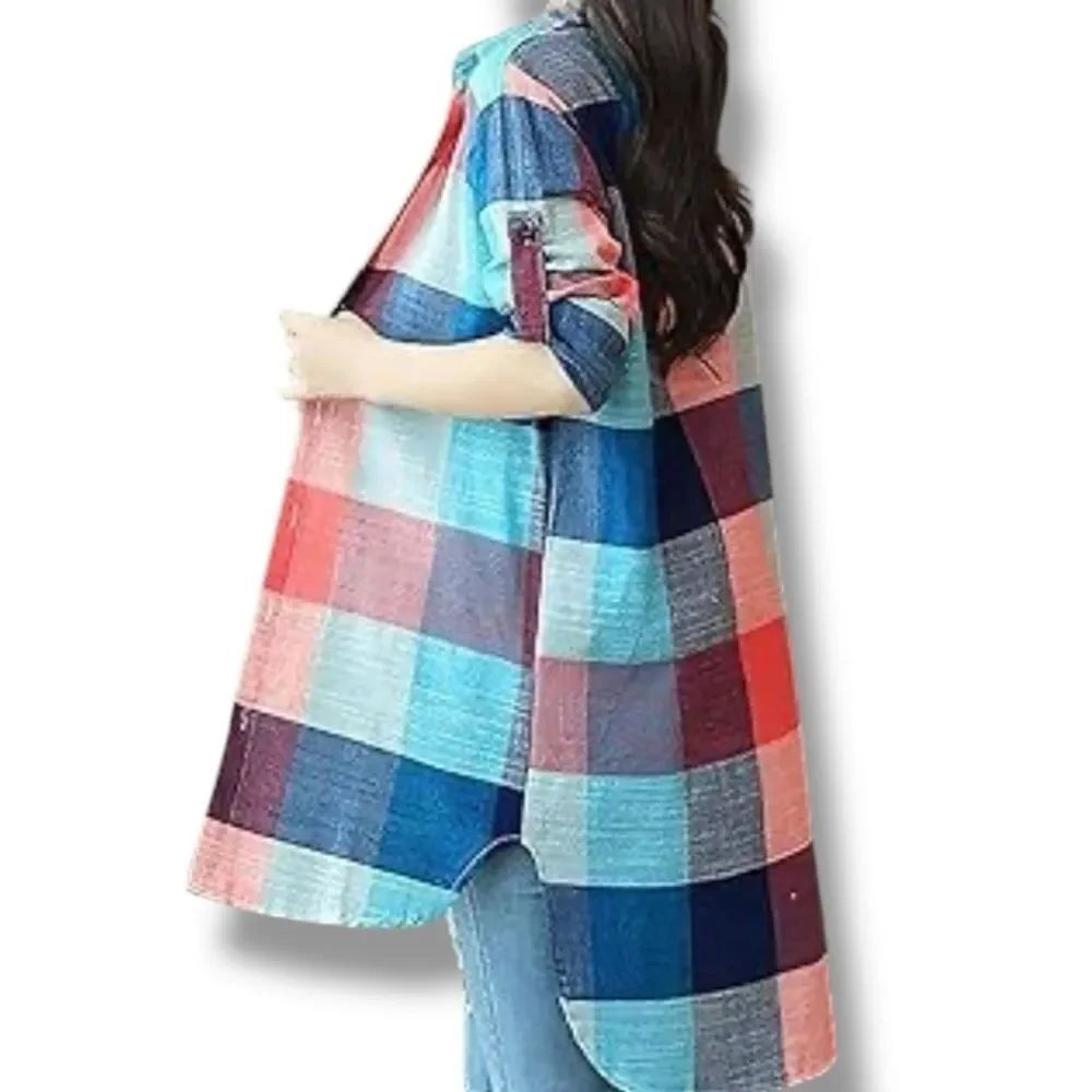 Multicolor Checks Long Sleeve Button Up Mini Dress Shirt - Picture 2 of 3